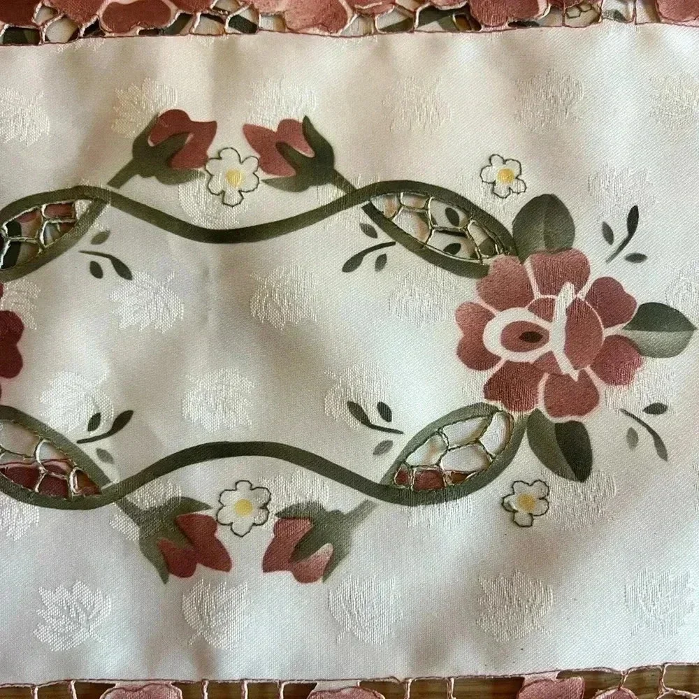 Set of 3 Floral Embroidered Satin Doilies - 16x10 Pink Flower Lace Edge